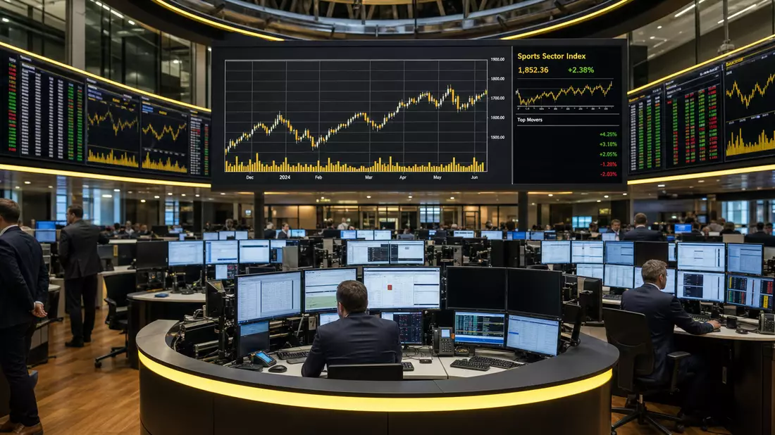 Frankfurter Börsenhandelsraum mit Händlern, großen Chartbildschirmen und Sports-Sector-Index