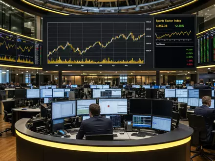 Borussia Dortmund DE0005493092 Börsen Editorial Frankfurter Handelsraum mit Händlern und Sportsektor Charts auf Bildschirmen - Foto: THN