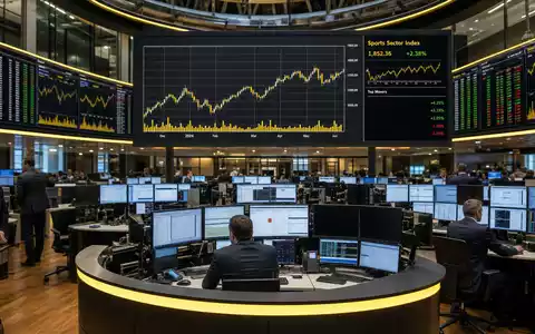 Borussia Dortmund DE0005493092 Börsen Editorial Frankfurter Handelsraum mit Händlern und Sportsektor Charts auf Bildschirmen - Foto: THN