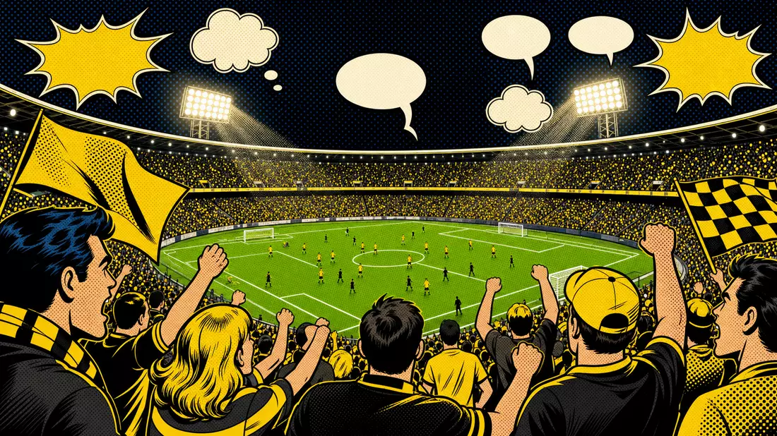 Farbiges Pop-Art-Comic mit jubelnden Fans im Stadion, Halftone-Muster, Gelb-Schwarz-Palette