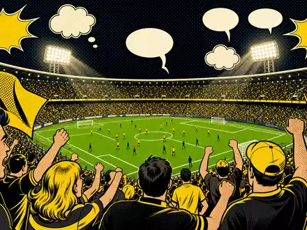 Borussia Dortmund DE0005493092 Pop Art Comic mit jubelnden Fans im Stadion bei gelb schwarzem Flutlicht - Foto: THN