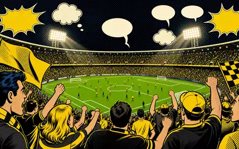 Borussia Dortmund DE0005493092 Pop Art Comic mit jubelnden Fans im Stadion bei gelb schwarzem Flutlicht - Foto: THN