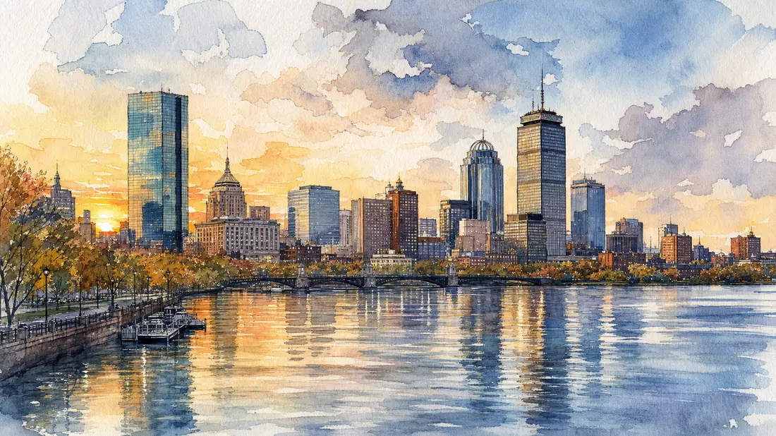 Aquarell der Bostoner Skyline mit Bürotürmen, die sich im Charles River spiegeln