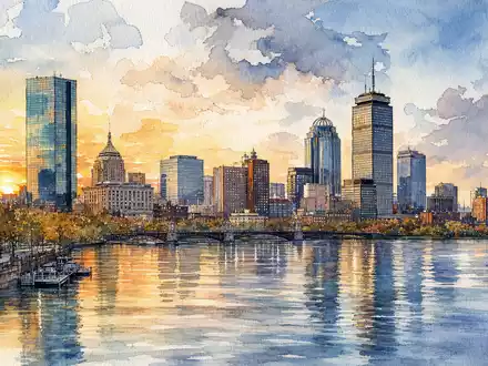 Boston Properties US1011371077 als aquarellierte Bostoner Skyline mit Bürotürmen am Charles River - Foto: THN