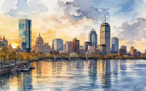 Boston Properties US1011371077 als aquarellierte Bostoner Skyline mit Bürotürmen am Charles River - Foto: THN