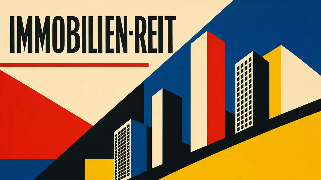 Bauhaus-Poster mit geometrischen Büroturm-Silhouetten und Text IMMOBILIEN-REIT in Primärfarben