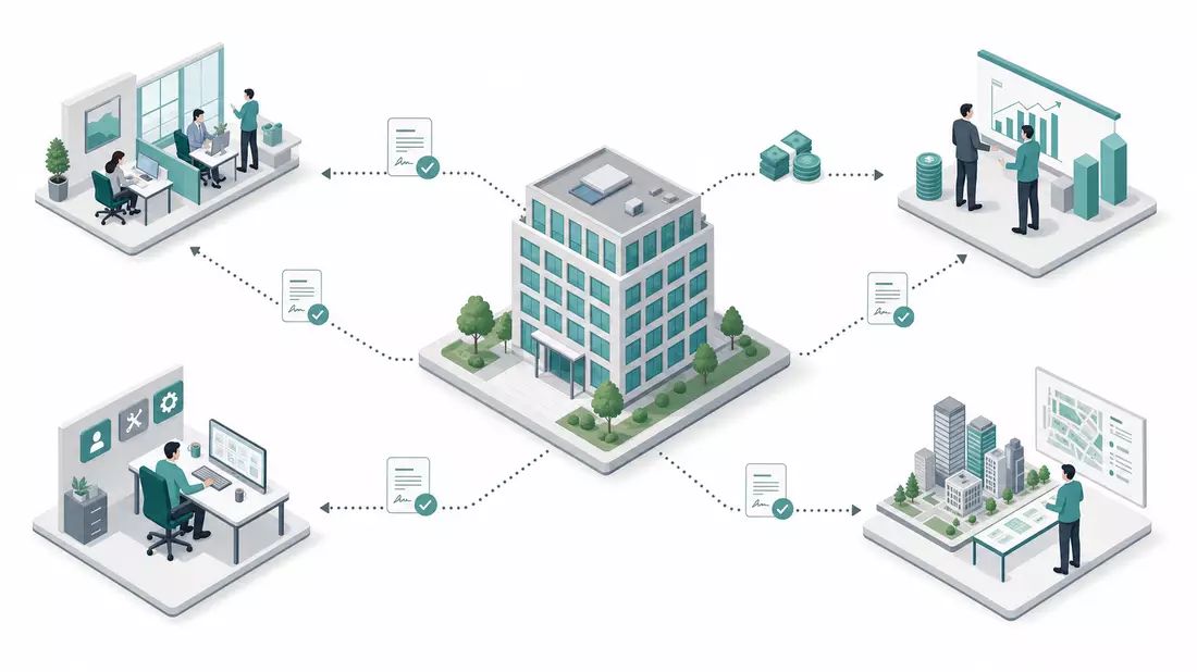 Isometrisches 3D-Diagramm der REIT-Wertschöpfungskette mit Bürogebäude, Mietern und Investoren