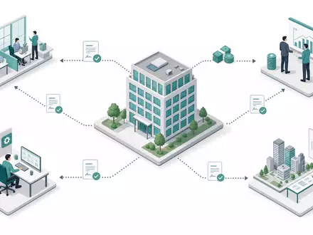 Boston Properties US1011371077 visualisiert die Immobilien-REIT-Wertschöpfungskette isometrisch mit Mietern, Investoren und Verwaltern - Foto: THN