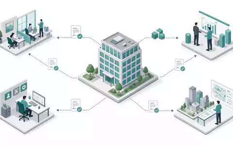 Boston Properties US1011371077 visualisiert die Immobilien-REIT-Wertschöpfungskette isometrisch mit Mietern, Investoren und Verwaltern - Foto: THN