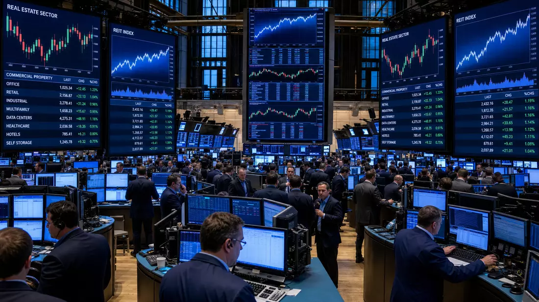 NYSE-Handelsparkett mit großen Bildschirmen, die REIT-Index und Immobilien-Sektorcharts zeigen