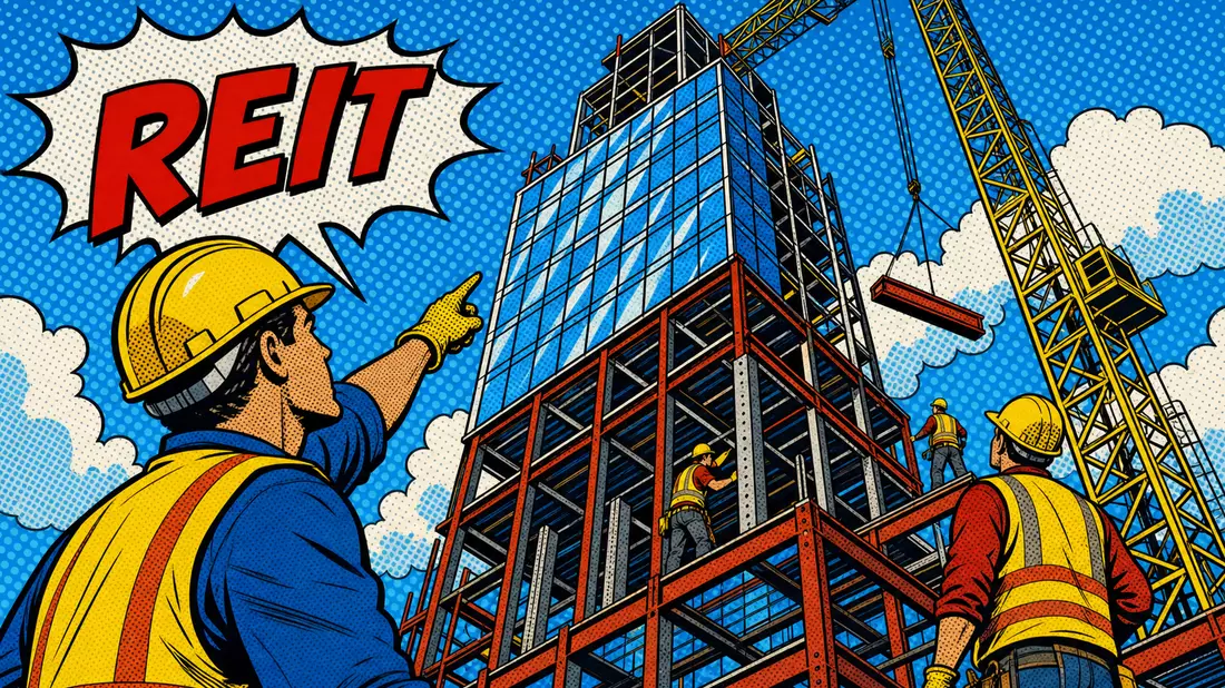 Pop-Art-Comic-Szene: Bauarbeiter errichten einen Glas-Büroturm, REIT-Sprechblase, Halbton-Punkte