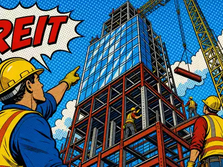 Boston Properties US1011371077 als farbenfroher Pop-Art-Comic zeigt Bauarbeiter beim Errichten eines Büro-Glasturms - Foto: THN