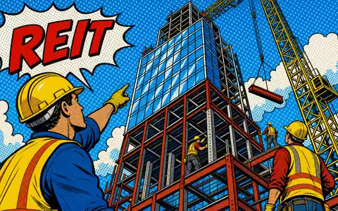 Boston Properties US1011371077 als farbenfroher Pop-Art-Comic zeigt Bauarbeiter beim Errichten eines Büro-Glasturms - Foto: THN