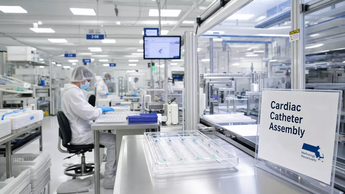 Sterile Fertigungslinie für Herzkathetersysteme in einem Medizintechnik-Reinraum in Marlborough MA