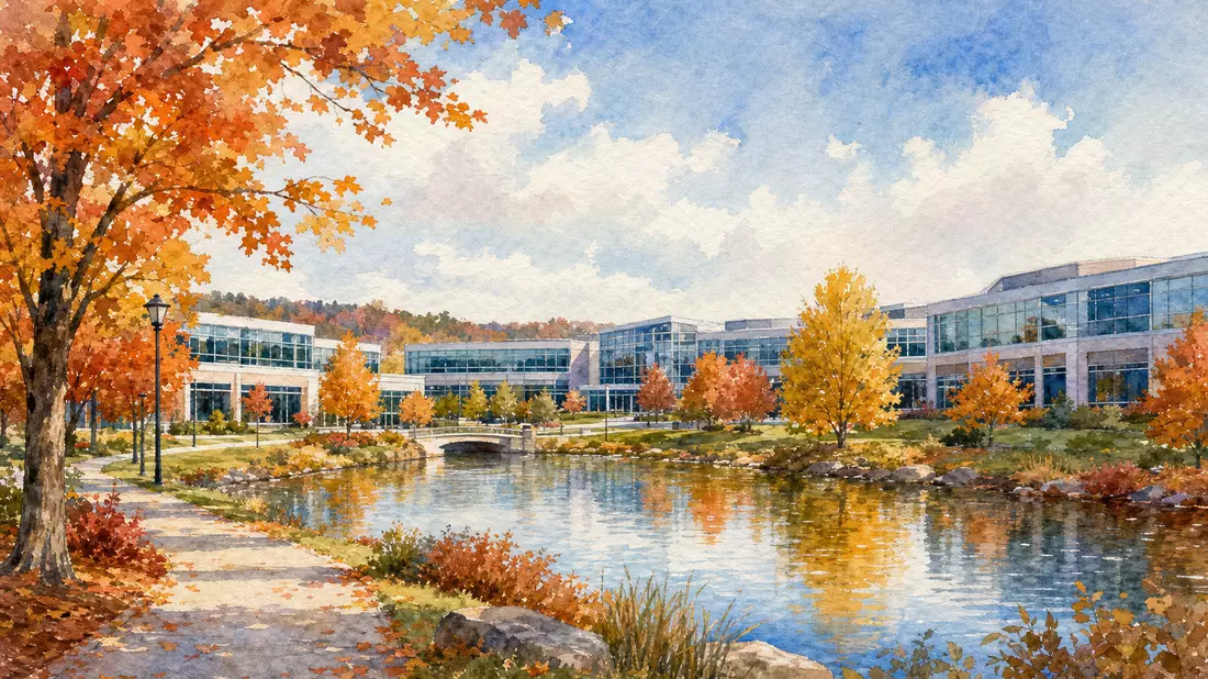 Aquarell-Illustration des modernen Firmenkampus in Marlborough MA mit herbstlichem Laubwerk