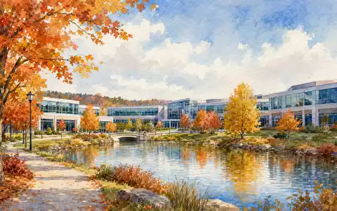 Boston Scientific Corp. Unternehmenskampus in Marlborough Massachusetts im herbstlichen Aquarell-Stil gemalt, ISIN US10117L1017 - Foto: THN