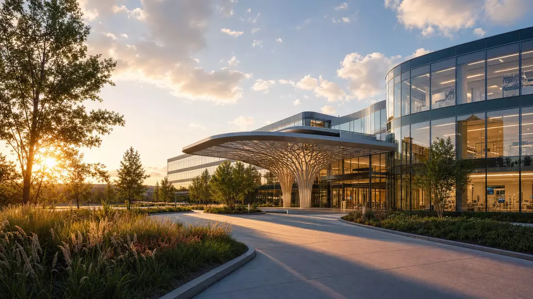 CGI-Architekturrender eines modernen Life-Sciences-Gebäudes mit Glasfassade und Baumwerk bei Sonnenuntergang