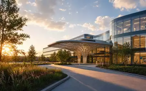 Boston Scientific Corp. modernes Life-Sciences-Forschungsgebäude als realistischer CGI-Architekturrender bei Abendsonne, ISIN US10117L1017 - Foto: THN