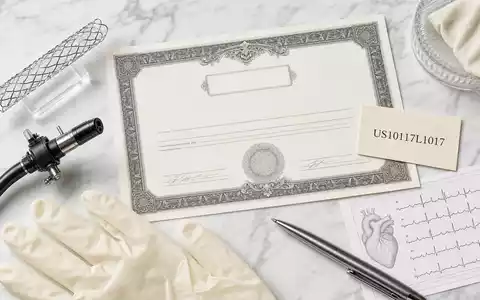 Boston Scientific Corp. Aktienzertifikat-Flatlay mit ISIN-Karte US10117L1017 und Herzkathetersystemen auf Marmor arrangiert - Foto: THN