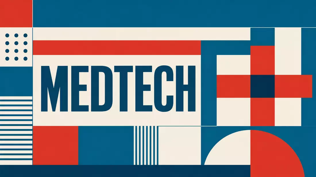 Bauhaus-Grafikposter mit Geometrie und MEDTECH-Schriftzug in Teal, Weiß und Rot