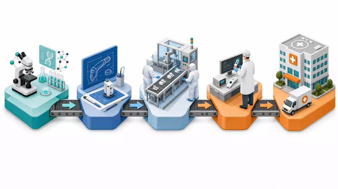 Isometrische 3D-Illustration der fünfstufigen Medizinprodukte-Wertschöpfungskette von Forschung bis Klinik