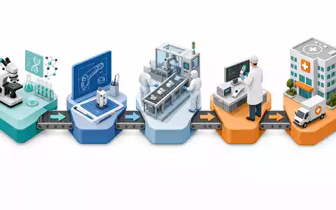 Boston Scientific Corp. zeigt die fünfstufige Medizintechnik-Wertschöpfungskette als isometrisches 3D-Diagramm, ISIN US10117L1017 - Foto: THN