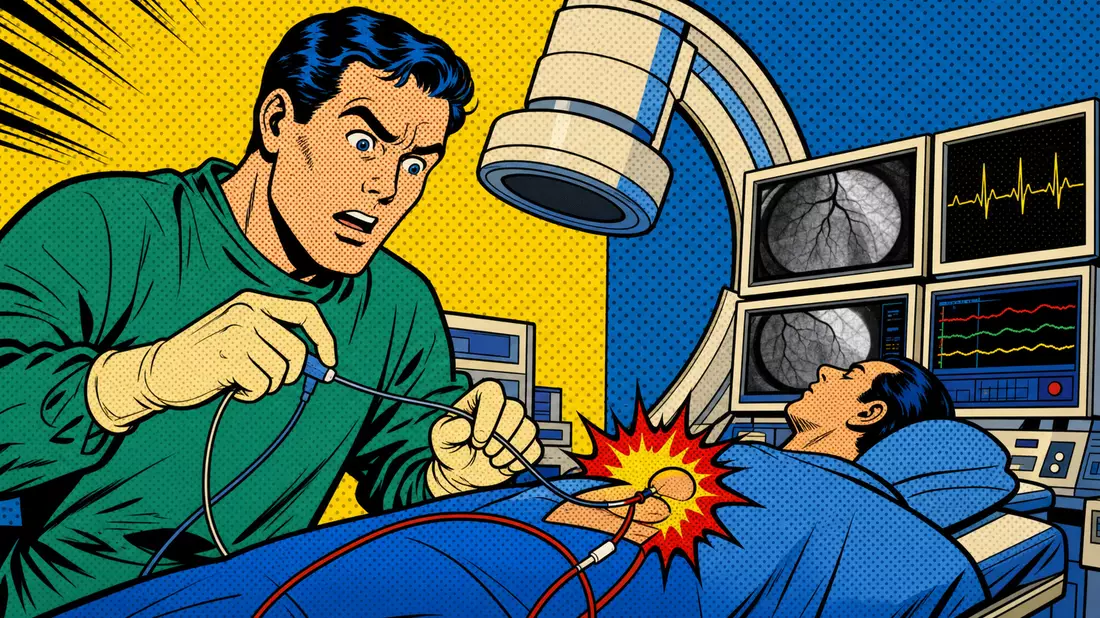 Pop-Art-Comic im Lichtenstein-Stil mit Kardiologen im Herzkatheterlabor und Halbton-Muster