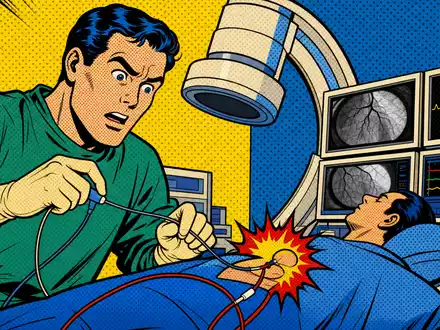 Boston Scientific Corp. Herzkatheterlabor als leuchtende Pop-Art-Comicszene im Lichtenstein-Stil illustriert, ISIN US10117L1017 - Foto: THN