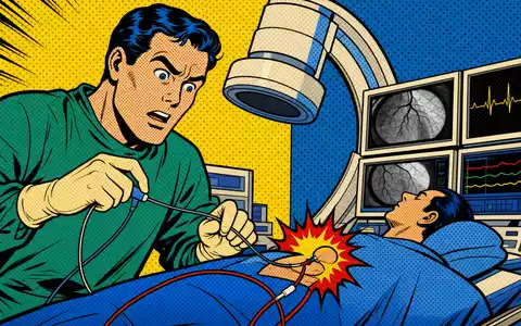 Boston Scientific Corp. Herzkatheterlabor als leuchtende Pop-Art-Comicszene im Lichtenstein-Stil illustriert, ISIN US10117L1017 - Foto: THN