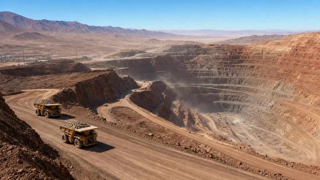 Riesiger Kupfertagebau in der chilenischen Atacama-Wüste mit gelben Schwerlast-Muldenkippern