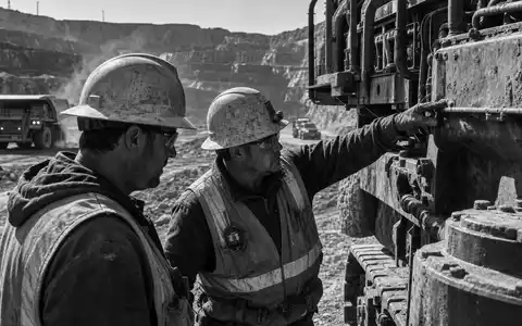 Schwarzweiß-Reportagefoto von Bergarbeitern an Fördertechnik illustriert Antofagasta plc GB0000456144 im chilenischen Kupferbergbau dokumentarisch - Foto: THN