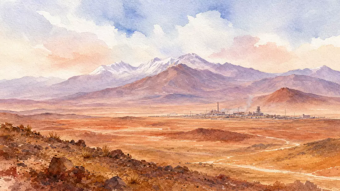 Aquarell der Atacama-Wüste mit Anden-Bergketten und kleiner Minensiedlung im Hintergrund