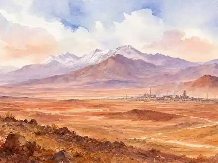 Aquarellmalerei der Atacama-Wüstenlandschaft symbolisiert Antofagasta plc GB0000456144 mit Anden-Bergen und ferner Minensiedlung - Foto: THN
