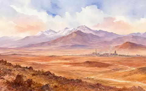 Aquarellmalerei der Atacama-Wüstenlandschaft symbolisiert Antofagasta plc GB0000456144 mit Anden-Bergen und ferner Minensiedlung - Foto: THN