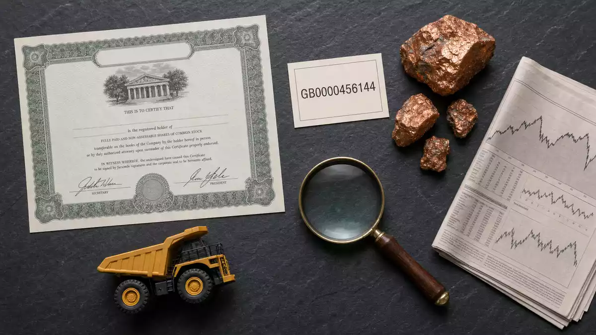 Flatlay mit Aktienzertifikat, ISIN-Karte GB0000456144, Kupferklumpen und Finanzzeitung