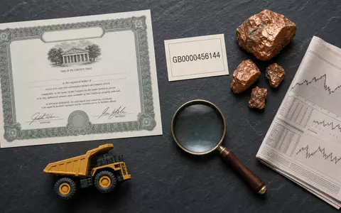 Flatlay mit Aktienzertifikat, ISIN-Karte und Kupfererz veranschaulicht Antofagasta plc GB0000456144 als Investment im Bergbausektor - Foto: THN