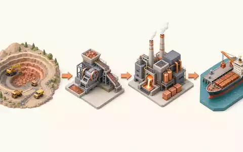 Isometrisches 3D-Diagramm der Wertschöpfungskette illustriert den Produktionsprozess von Antofagasta plc GB0000456144 vom Erz bis Export - Foto: THN