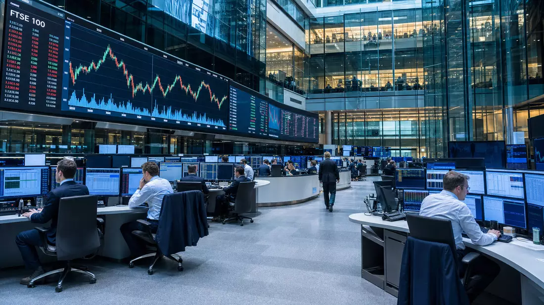 Trader in modernem Handelsraum vor großen FTSE-100-Kursanzeigen in London
