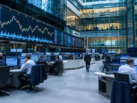 Börsen-Editorialfoto vom Handelsraum in London mit FTSE-100-Kursanzeigen symbolisiert die Notierung von Antofagasta plc GB0000456144 - Foto: THN