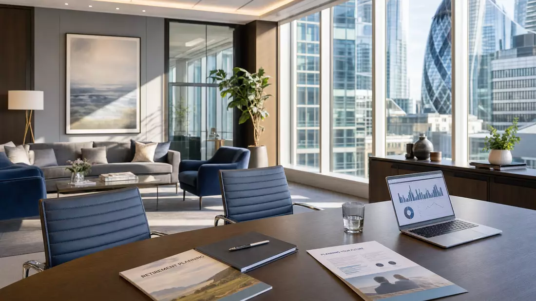 Modernes Büro mit Blick auf Londons Skyline, Rentendokumente und Laptop mit Charts