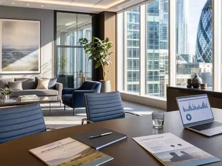 Fotorealistisches Büro symbolisiert Rentenberatung von Phoenix Group Holdings plc, ISIN GB00BF8Q6K64, mit Ausblick auf London - Foto: THN
