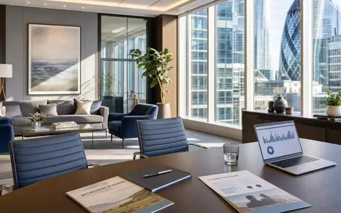 Fotorealistisches Büro symbolisiert Rentenberatung von Phoenix Group Holdings plc, ISIN GB00BF8Q6K64, mit Ausblick auf London - Foto: THN