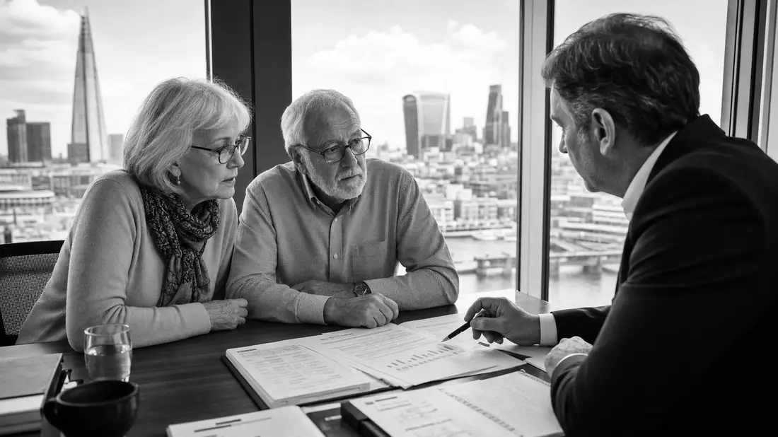 Schwarzweißfoto eines Beratungsgesprächs zu Rente mit Blick auf Londoner Skyline