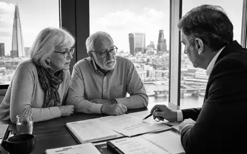 Schwarzweiß-Reportage zeigt Rentenberatung, passend zu Phoenix Group Holdings plc, ISIN GB00BF8Q6K64, in London - Foto: THN