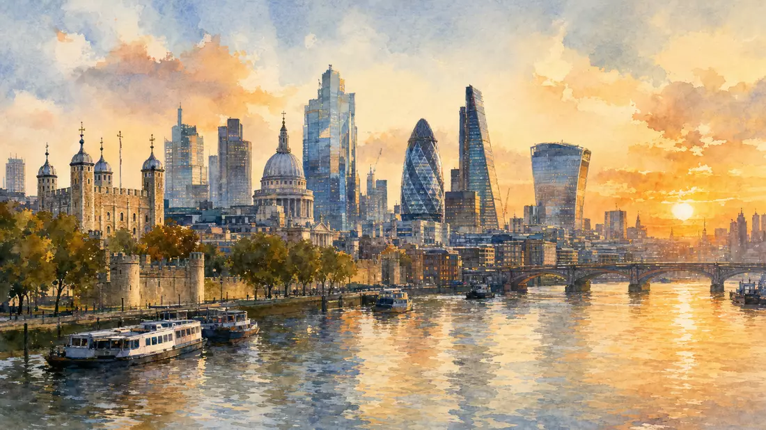 Aquarellbild der Londoner Skyline entlang der Themse bei Sonnenuntergang