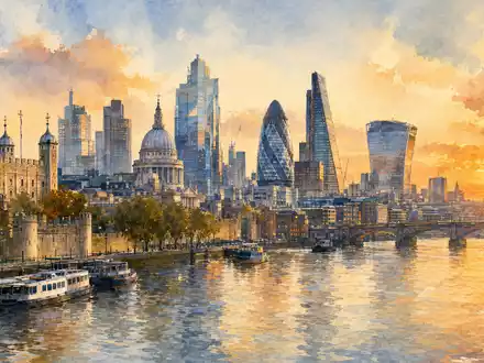 Aquarellmalerei der Londoner Skyline repräsentiert den Sitz von Phoenix Group Holdings plc, ISIN GB00BF8Q6K64 - Foto: THN