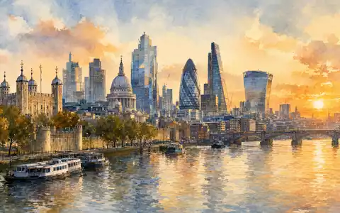 Aquarellmalerei der Londoner Skyline repräsentiert den Sitz von Phoenix Group Holdings plc, ISIN GB00BF8Q6K64 - Foto: THN