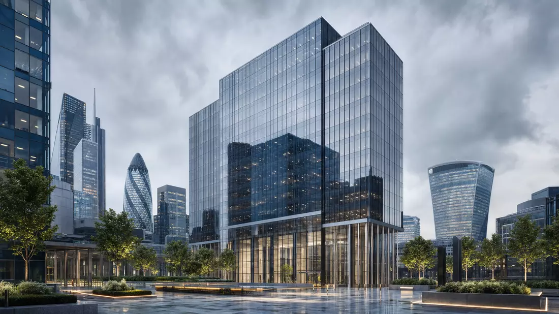 3D-Render eines modernen Glashochhauses im Londoner Finanzviertel bei bewölktem Himmel