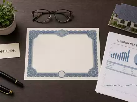 Flatlay mit ISIN-Karte GB00BF8Q6K64 und Rentenunterlagen symbolisiert Phoenix Group Holdings plc als Anlageobjekt - Foto: THN