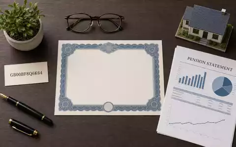 Flatlay mit ISIN-Karte GB00BF8Q6K64 und Rentenunterlagen symbolisiert Phoenix Group Holdings plc als Anlageobjekt - Foto: THN